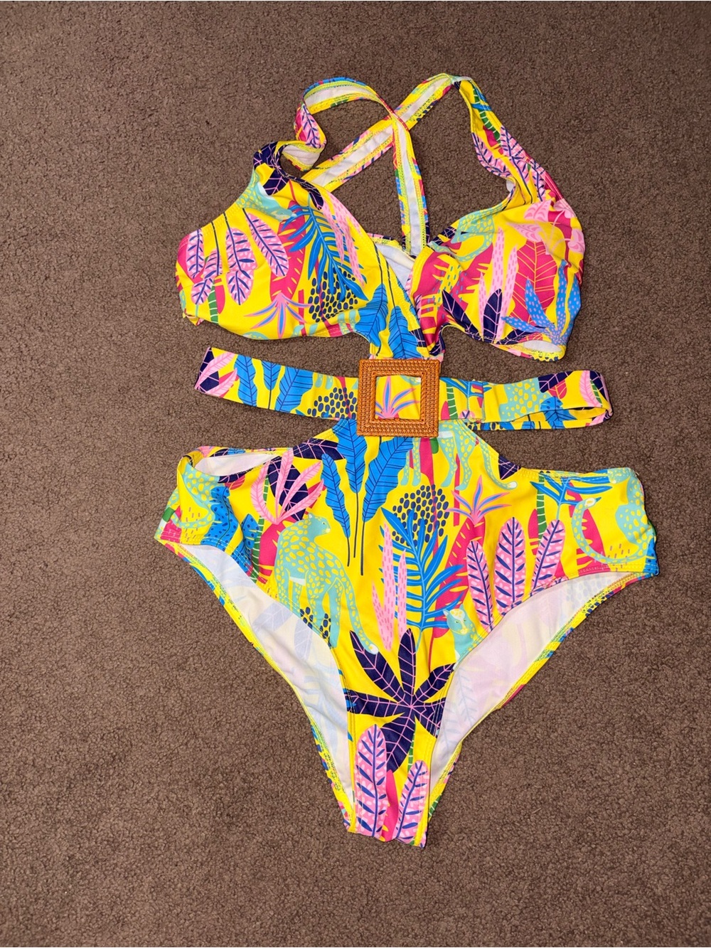 Tropical Cutout One-Piece Swimsuit - Bright Yellow Multicolor